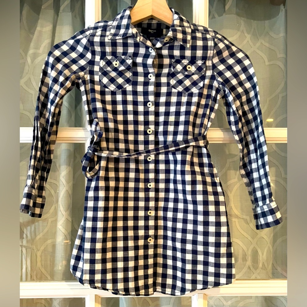 Gap Kids Outlet size 6-7 Navy Blue and White Checkered Gingham Shirt Dress EUC